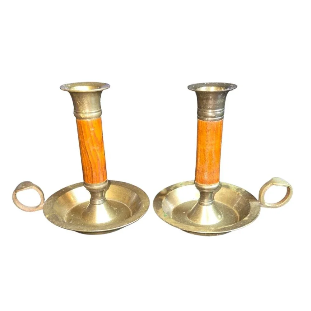 Vintage‎ Made In India Pair Of Wood & Brass Chambersticks 4.5